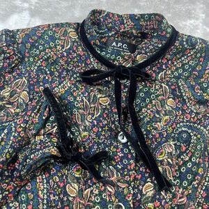 A.P.C. Women's 34 Midi Dress Multi Paisley Floral Tie Button Front Long Sleeve